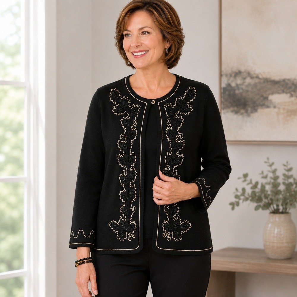 Alfred Dunner Faux Twinset Sweater M Black Beaded Embroidered Wool Blend